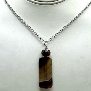 Banded Agate Pendant Necklace Silver Tone Chain Statement Jewelry Boho Chic